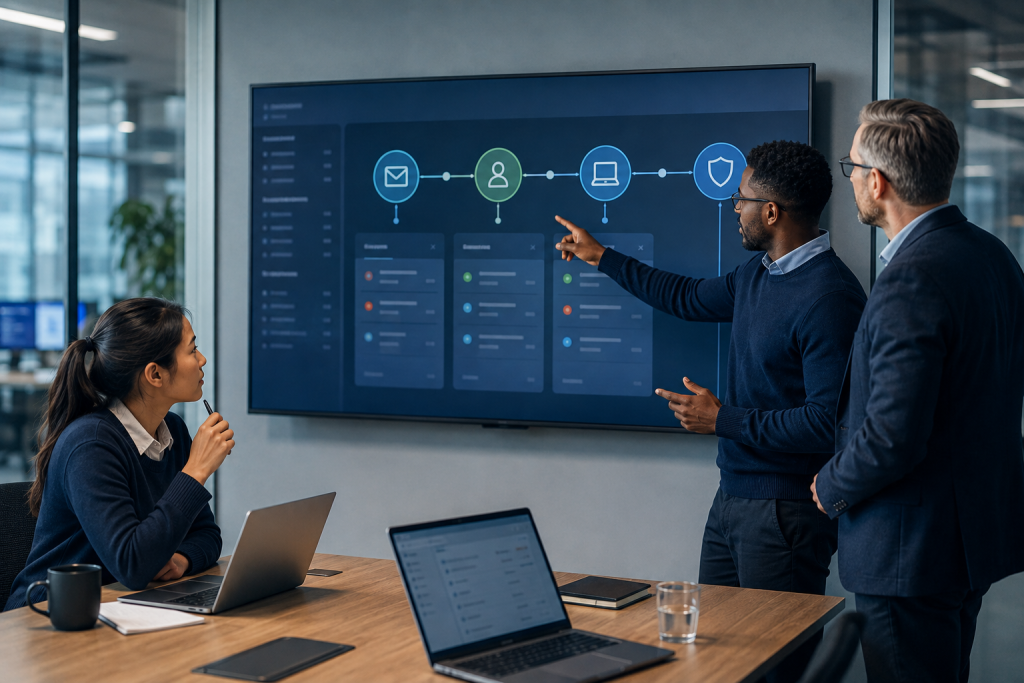IT- und Security-Team bespricht eine Angriffskette in Microsoft Defender XDR