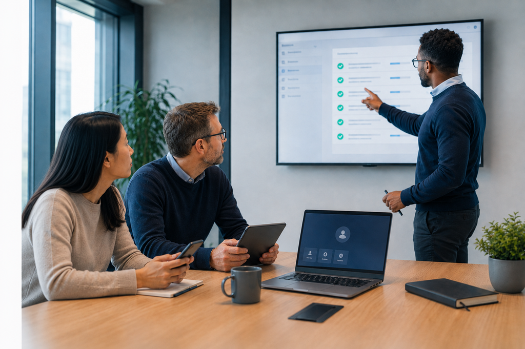 Zwei Mitarbeitende verfolgen aufmerksam eine Präsentation zur Geräteverwaltung mit Microsoft Intune