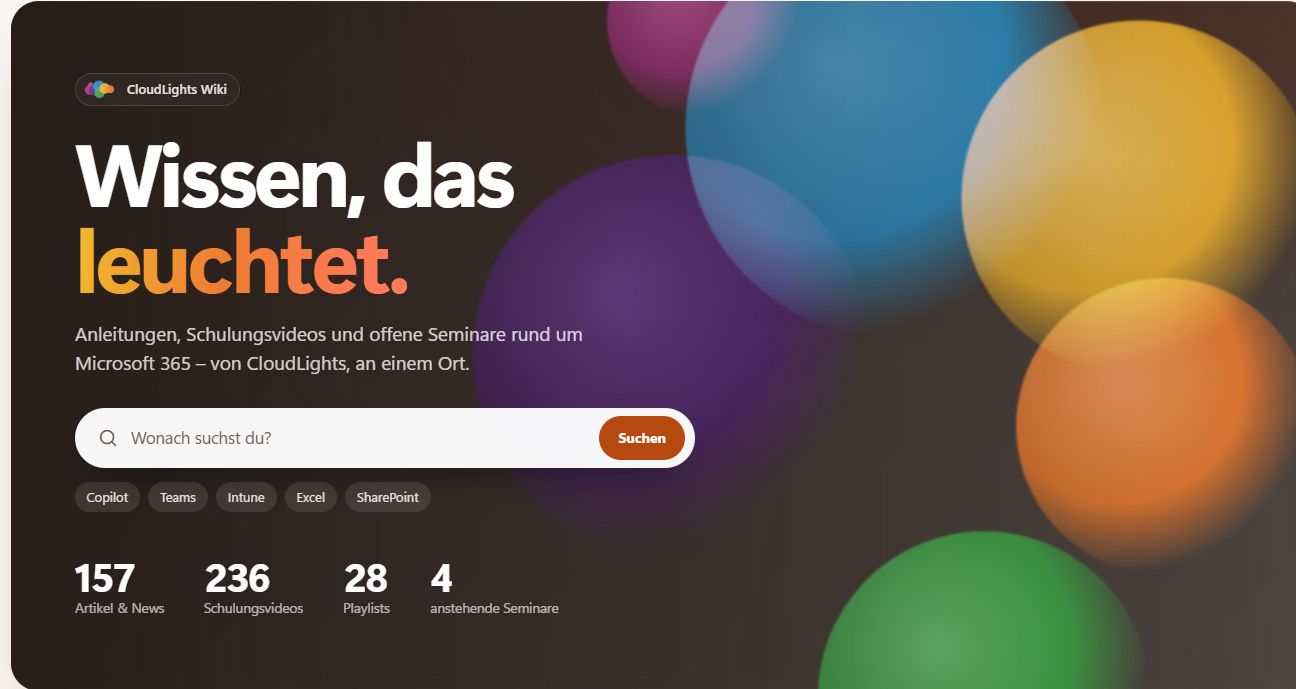 Startseite des neuen CloudLights Wikis mit Suchfunktion und Überblick über Artikel, Schulungsvideos und Seminare.
