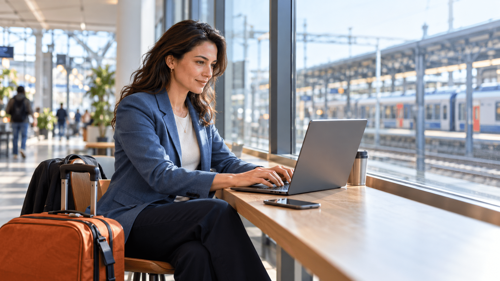 Mitarbeiterin arbeitet am Bahnhof mit einem Firmen-Notebook – ein Motiv für sicheren mobilen Zugriff auf Microsoft 365.