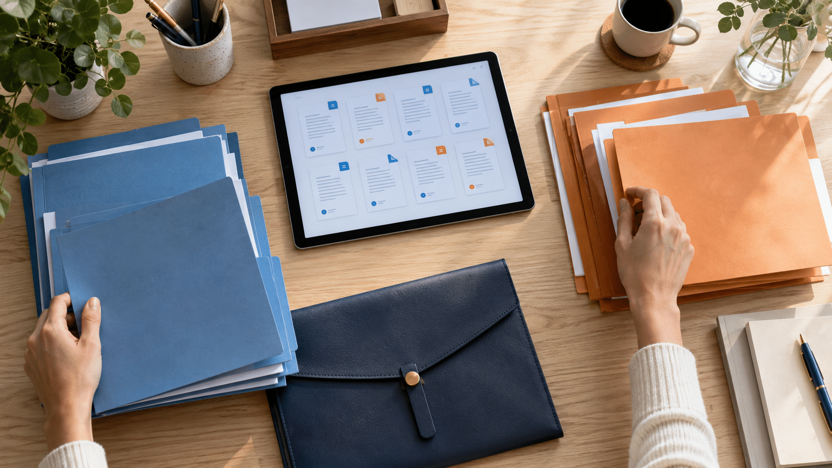 Geordnete Dokumentenmappen und ein Tablet auf einem Arbeitstisch als Symbol für klare Datenzugriffe vor dem Copilot-Rollout.