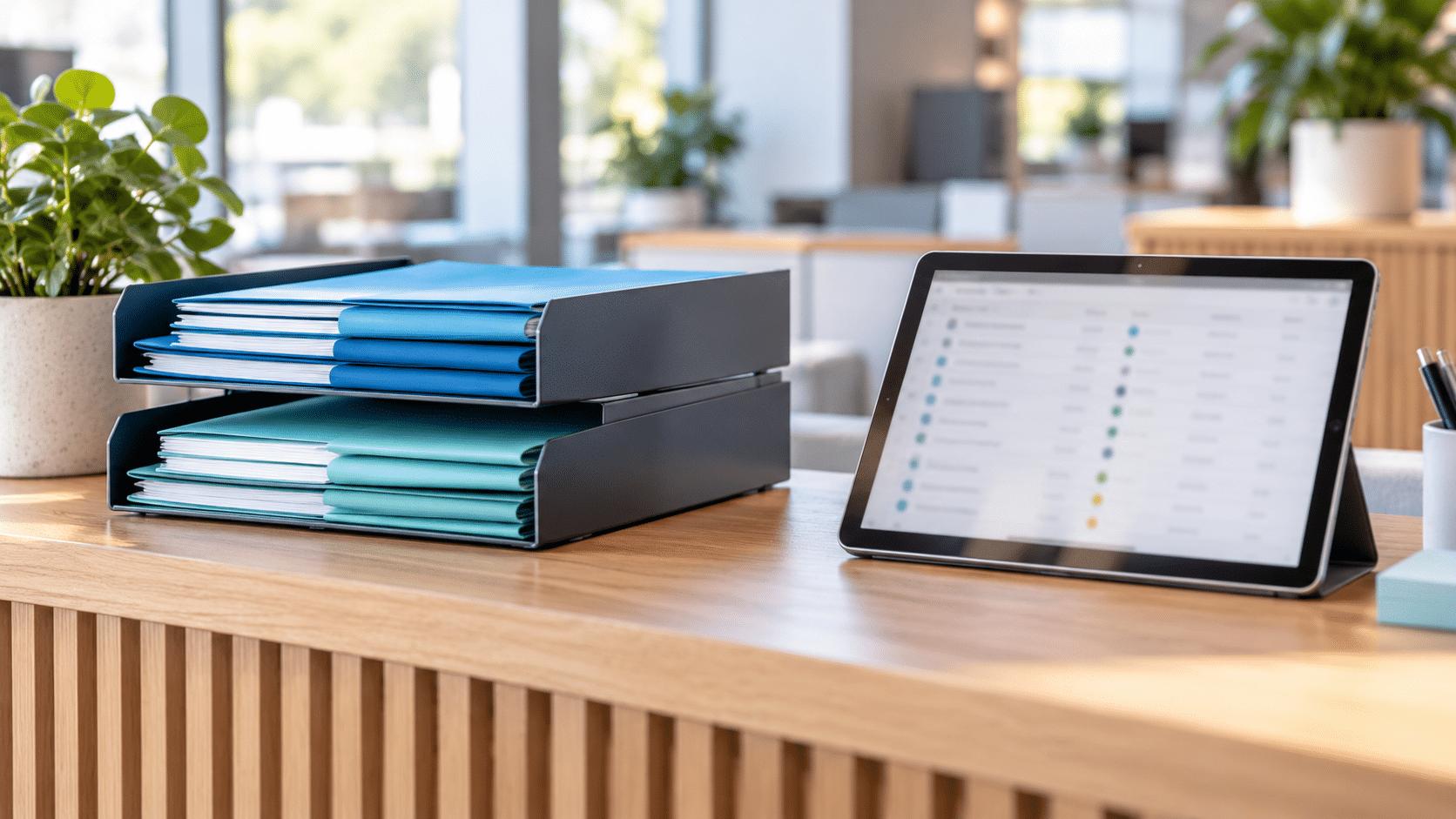 Geordnete blaue und türkise Vorgangsmappen in Ablagefächern neben einem Tablet mit unscharfer Listenübersicht.