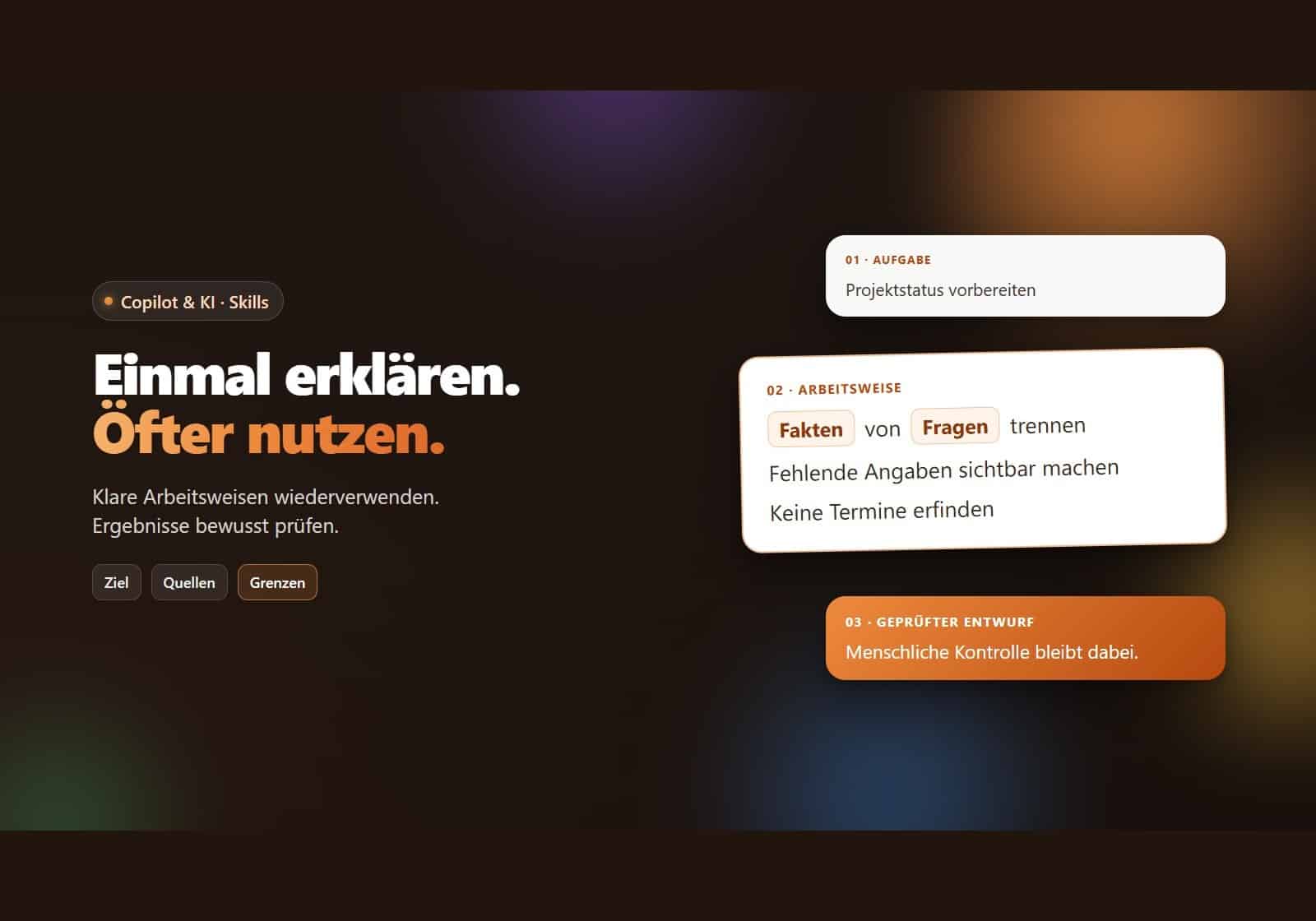 Copilot Skills: Einmal erklären, öfter nutzen. Aufgabe, Arbeitsweise und geprüfter Entwurf als drei Karten.